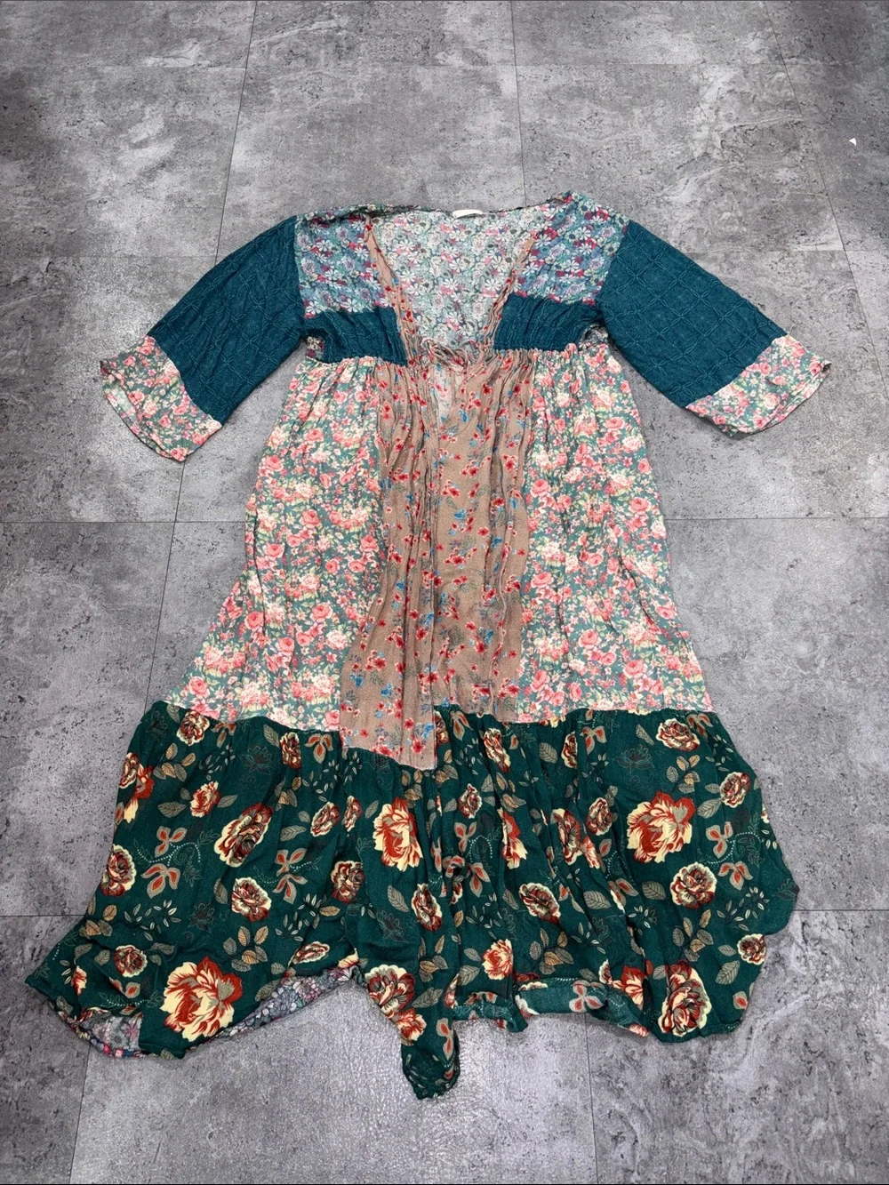 Free People Boho Patchwork Long Duster in Teal and Cream